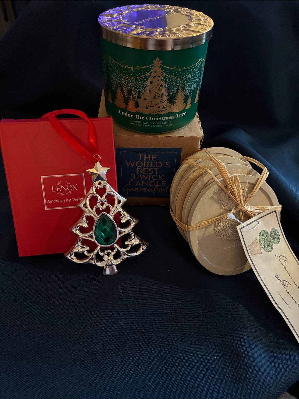 Gift Set - Lenox Green Tree Ornament, Holiday Candle, 4 Stoneware Coaster Set